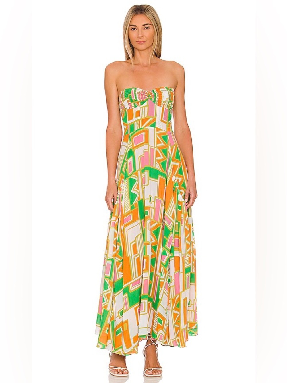SWF Solstice Strapless Geometric Print Maxi Dress in Green & Orange